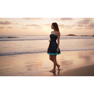 Jessica McClintock Gunne Sax Lace Overlay Dress Size 5/6 Black & Aqua Prom Cockt